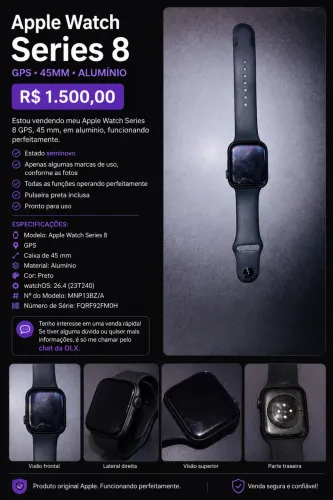 Apple Watch Series 8 (GPS) 45 mm - Alumínio Preto