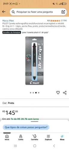Caneta Esferográfica PILOT Dr. Grip 4+1 + lápis(Veja as fotos e o preço do na Amazon) 