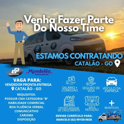 Vaga vendedor pronta entrega em catalão Goiás 