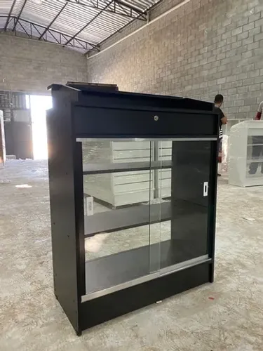 Balcão caixa vitrine c/ porta de vidro preto MDF 