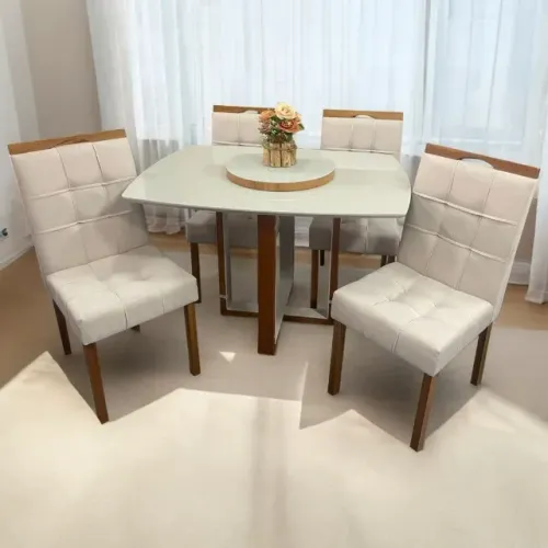 Mesa Atlas Mel/Off White Canto Barril 120×90 com 4 Cadeiras Sophia- Produto Novo 