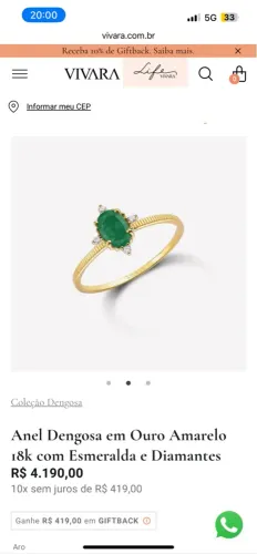 Anel ouro, esmeralda e diamantes