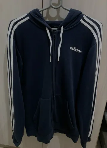 Casaco Adidas Masculino Original - Moletom com Capuz e Zíper, Azul Marinho, Tam. M
