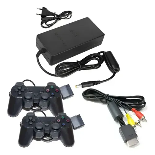 Kit Ps2 Com Fonte Bivolt + Cabo Rca + 2 Controles
