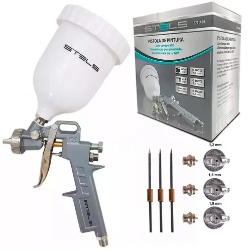 Pistola de pintura tipo gravidade com 3 bicos e caneca 600 ml Stels