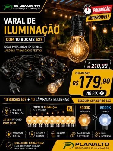 VARAL DE LED 10 METROS COMPLETOR C/10 LAMPADAS 10 BOCAIS 