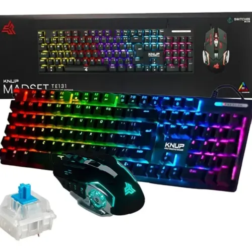 Kit Combo Gamer Teclado Mecânico Blue Switch Com Mouse knup TE131 Led Rgb Óptico 7 Botões 