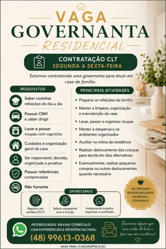 Vaga de Governanta - Rio Tavares - Florianópolis