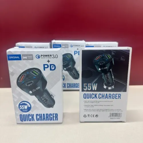 Carregador veicular turbo 55w com 3 entradas para Iphones e Androids (2x entrada USB-A e 1