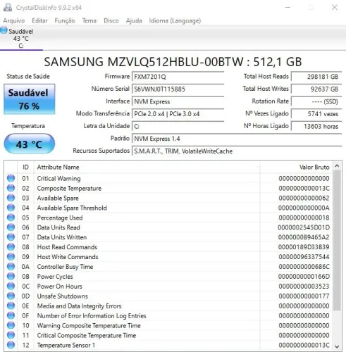 SSD NVME 512GB M.2 2280 Samsung - 76% de saúde