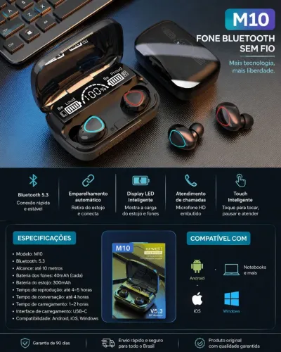Fones M10 tecnológico