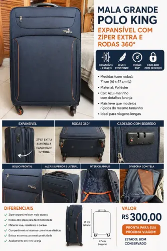 Mala Grande Polo King (71 cm x 47 cm) Expansível com Detalhes Laranja e Rodas 360°