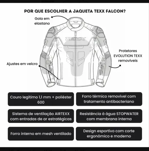 VENDO Jaqueta Motociclista Falcon V2 Texx Impermeável Couro Bovino Tamanho 5XL