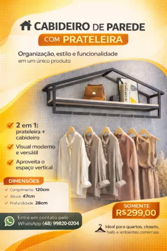 Cabideiro de parede com prateleira