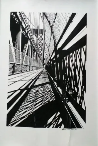 Par de Gravuras Urbanas Philippe Roland - "Manhattan Bridge" e "Fire Escape" NY - Assinada