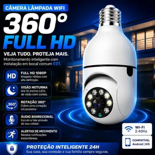 1 Unidade - Câmera Lâmpada de Segurança Vigilância IP Wi-Fi 360° Visão Noturna Full HD Biv