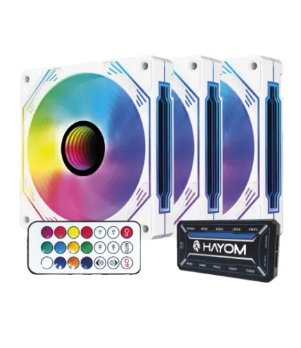 Kit 3 Fan Cooler Hayom FC1309 RGB 120mm Branco com Hub e Controle Remoto | Novo