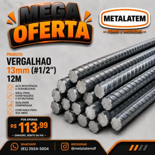 Vergalhão de Aço Nervurado 13mm (#1/2") Barra com 12 Metros