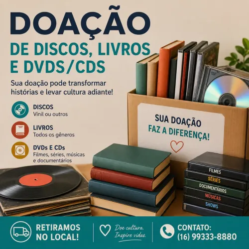 Doações de discos, livros, CDs e DVDs
