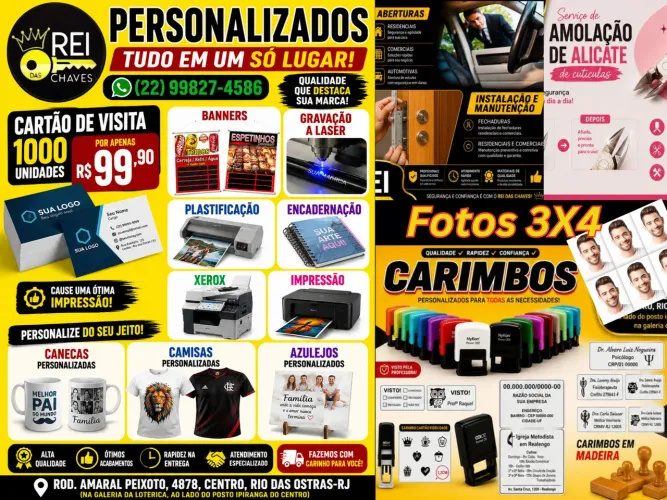 Chaveiro, Cutelaria, Carimbo, Foto 3x4, Impressão, Xerox, Plastificação, Gravação a Laser