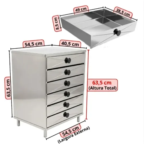 Gaveteiro Inox Para Pastel Com 6 Gavetas Multiuso