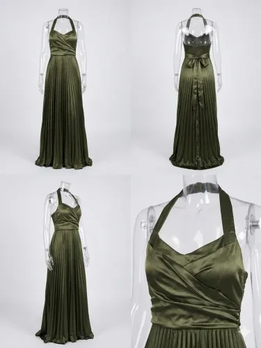 Vestido Longo Verde Oliva Acetinado Plissado - Festa/Evento - Veste G