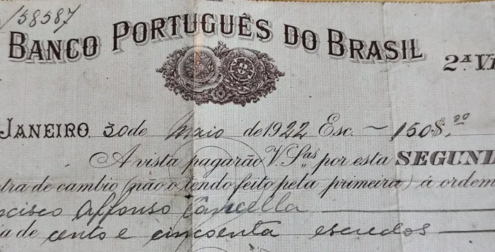 Documento do Banco Português do Brasil,  1922