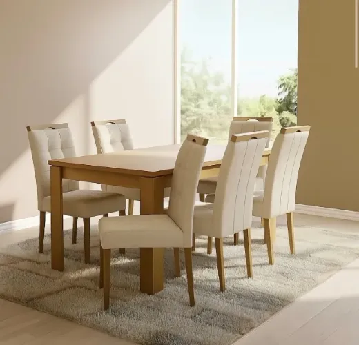 Conjunto Prime 6 Lugares Amêndoa com Cadeiras Estofadas Bege