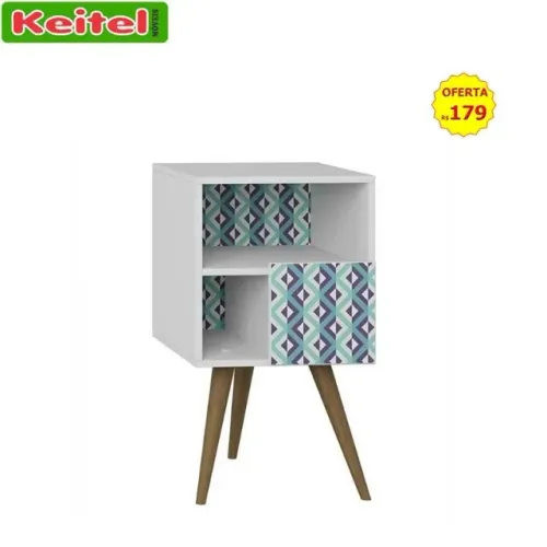 Mesinha de Cabeceira Retro Com 1 Porta E Pés Palito Cor Branco / Geométrico