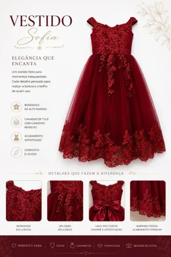 Vestido Infantil Vermelho Bordô Festa