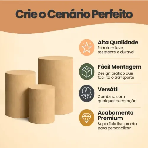 KIT Trio de Cilindros Lisos Tamanho P M G de MDF Festas Aniversários Eventos Decoração