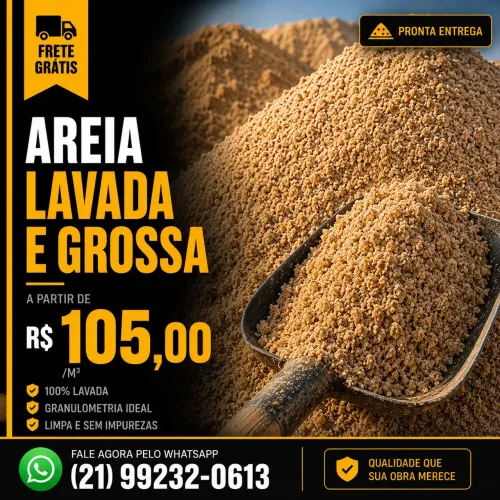 Areia para Obra Lavada e Grossa - A partir R$105/m³ - Caminhão - Frete Grátis RJ
