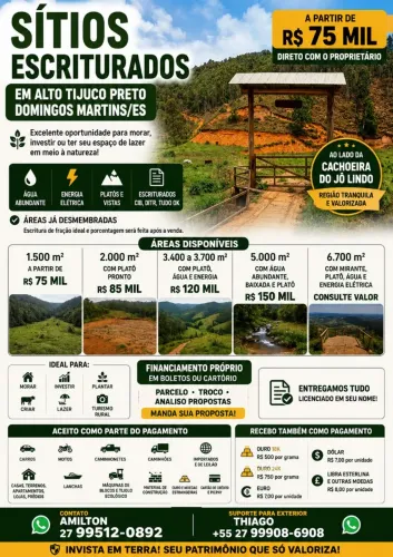 SÍTIOS ESCRITURADOS EM ALTO TIJUCO PRETO - DOMINGOS MARTINS/ES. financiamento próprio <br>,