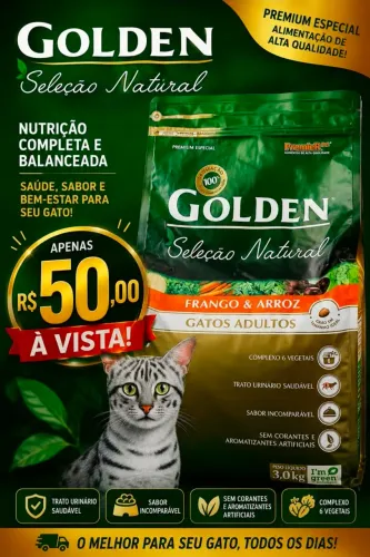 Premier Pet Ração Golden Seleção Natural para Gatos Adultos, 3kg, Sabor Frango e Arroz