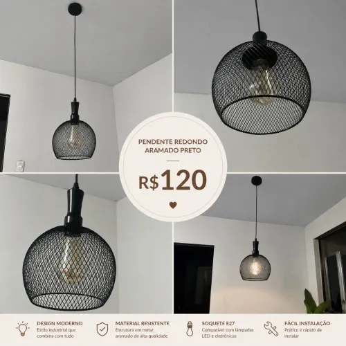 Pendente Aramado Teto Diamante Luminária Lustre Retrô Preto redondo 