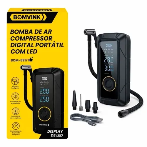 Bomba de Ar Compressor Digital Portátil Bomvink BOM-8917 150 PSI LED Power Bank Sem Fio la