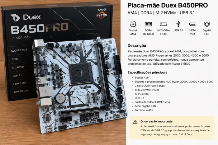 Placa-Mãe Duex B450PRO AM4 DDR4 - Ryzen 5000