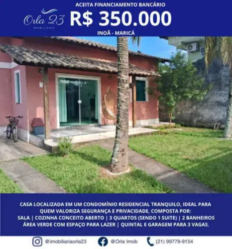 INOÃ, ORLA 23 IMOBILIÁRIA VENDE! EXCELENTE CASA EM CONDOMÍNIO RESIDENCIAL, MARICÁ