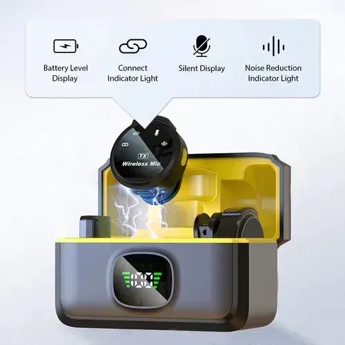 Microfone de Lapela Sem Fio Duplo Wireless com Display Digital Redução de Ruído 