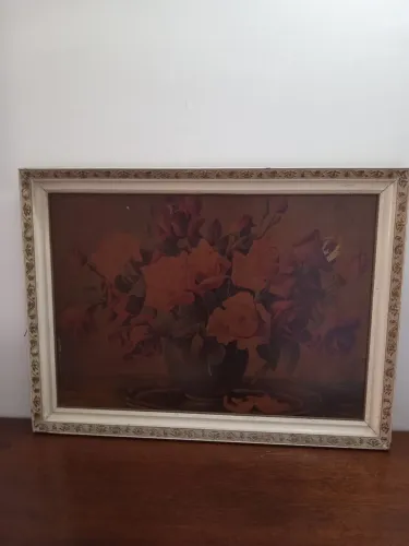 Quadro Antigo de Rosas em Vaso.
