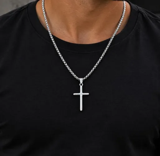 Corrente masculina Cruz palito aço inoxidável 