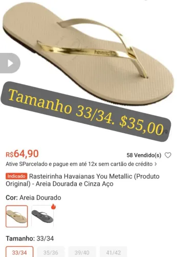 Havaianas You metalic 33/34. $35,00