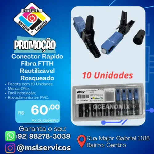 Conector Rápido Fibra Óptica FTTH Reutilizável Rosqueado - 2Flex | Pacote c/ 10 Unidades