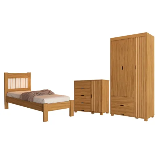 Guarda-Roupa 3 Portas + Cômoda 4 Gavetas com Sapateira + Cama Solteiro tt66