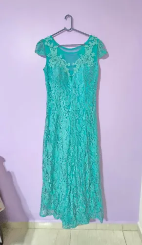 vestido festa longo azul tiffany em renda