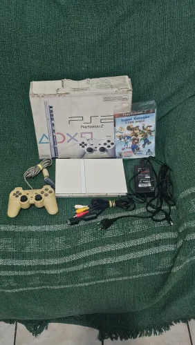 Playstation 2 SLIM EDIÇÃO BRANCO com jogo Super Coleção controle sony cabo sony fonte sony