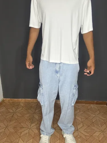 Calça Jeans Cargo Wide Leg Azul
