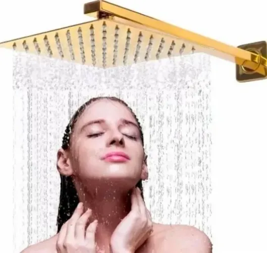 Ducha Fria Quadrada Gold Luxo Aço Inox com Braço de Parede Articulável