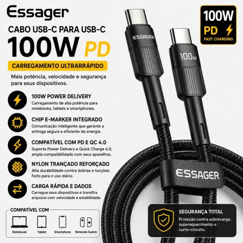 Cabo USB-C para USB-C Essager 100W PD - Nylon Trançado | Carregamento Rápido