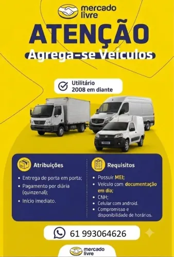 Agrega-se Veículos para entregas junto ao Mercado Livre